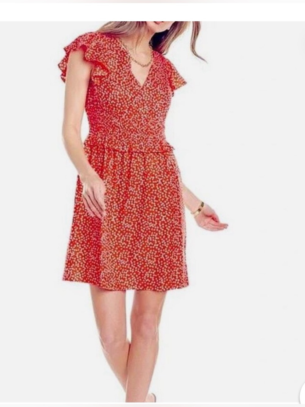 Rebecca Taylor Red Printed Flutter-Sleeve V-Neck Dress size medium
